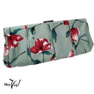 Express Floral Clutch Handbag in Sea Green and Pink Satin 12" Across - Hey Viv